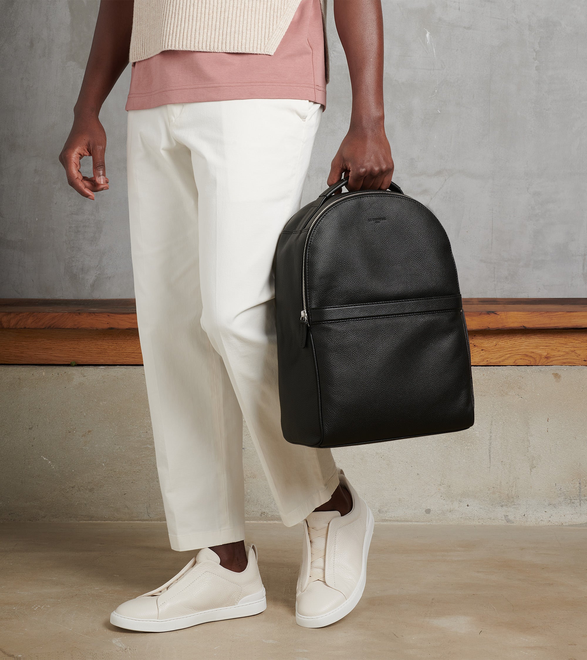 Zipped Charles pebbled leather backpack
